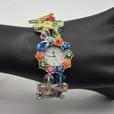 Womens Beachy Colorful Beaded Floral Flip Flop Rhinestone Elastic Bracelet Watch - Image 1 of 4