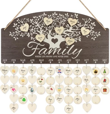 Family Tree Birthday Reminder Board 16"x8" Wooden Tracker w/100 Tags - Image 1 of 4