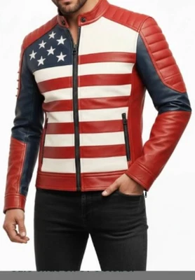 Mens USA Flag Leather Jacket American Biker Style Red White Blue Stars & Stripes - Image 1 of 4