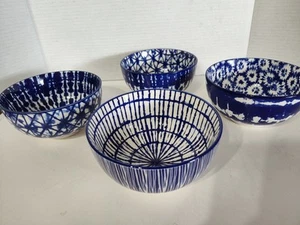 4 Signature Housewares Glass Bowls Cobalt Blue White Soup Salad Cereal Tie Dye - Picture 1 of 11