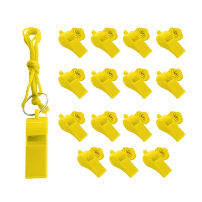 Pack of 15 Yellow Plastic Whistles with Lanyard Neck Cord - Football Sports - Image 1 of 4