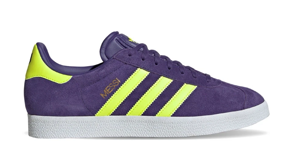 Sz 10- Adidas Men’s Gazelle Messi Soccer Indoor Shoes Purple/Lucid Lemon/White