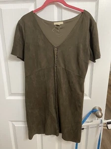 Black Swan Faux Suede Dress Sz Large Army Green Mini Dress Braided Detail Boho - Picture 1 of 4