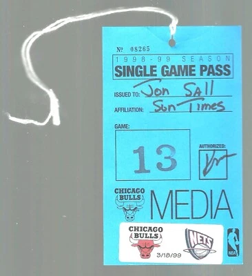 18/03/99 BULLS VS NETS MEDIA PASS EX/MT JON SALL ENCONTRAR TONI KUKOC HOF 21 PTS Foto 1 de 2