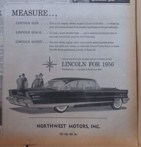 1955 newspaper ad for 1956 Lincoln Premiere -Measure Lincoln size, space, spirit
