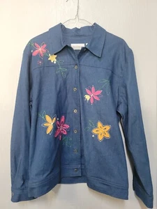 Spring Floral Jean Denim Jacket Alfred Dunner 14W Button Up - Picture 1 of 4