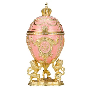 Fabergé Ei Schmuckkästchen mit Löwen, Kaiserkrone und Anhänger 15,5 cm rosa - Bild 1 von 6