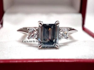 8x6 mm Gray Emerald Cut Moissanite Wedding Ring, 925 White Starling Silver Ring - Picture 1 of 10