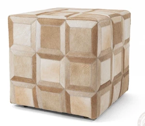 Cowhide Ottoman/ Pouf - Beige Tones - 18x18x19" - Picture 1 of 12