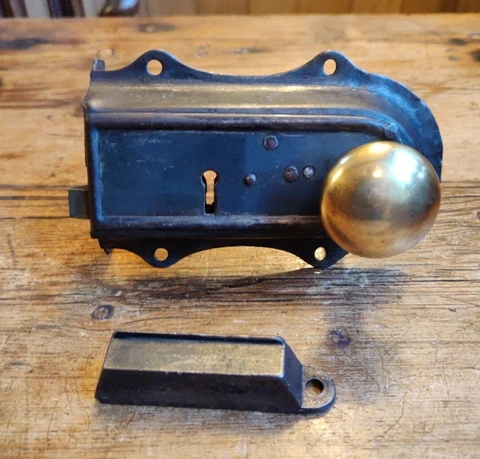 Restored Victorian Rim Lock, Original Keep, Victorian Brass Knobs & Key. L/H fit Cover