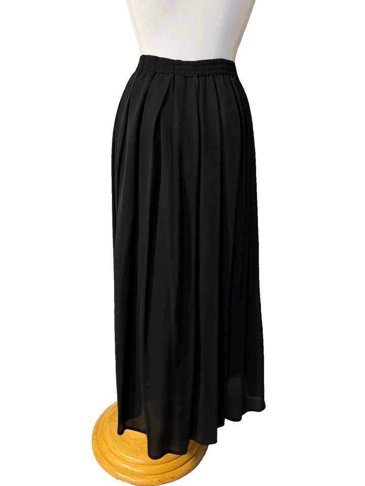 Anne Klein Midi Maxi A Line Skirt Large Black SILK Flowy Classic Flat Pleats - Image 1 of 4