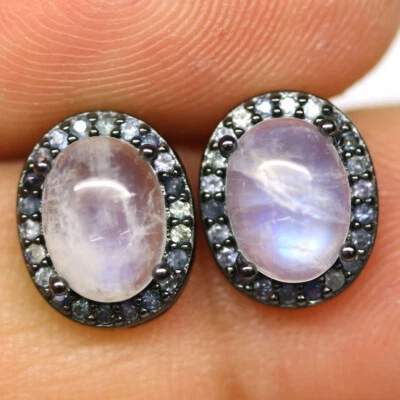 925 Sterling Silver 6 x 8 mm. Blue Rainbow Moonstone & Sapphire Earrings  - Image 1 of 4