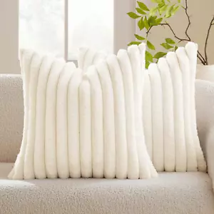 Faux Fur Plush Decorative Throw Pillow Covers Set of 2 Luxury Soft Fluffy Stripe - Picture 1 of 12
