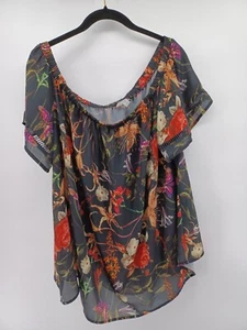 Belle Sky Blouse Womens 1X Multicolor Sheer Floral Roses Blouse Top Scoop Neck - Picture 1 of 7