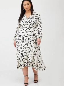 Curve Satin Ruffle Print Maxi Dress - Mono Print Ivory UK 24 - Picture 1 of 3