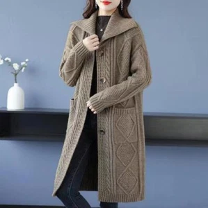 Mujeres Moda Argyle Cuello Alto Grueso Largo Tejido Suéter Cárdigan Abrigo XXZH - Imagen 1 de 7