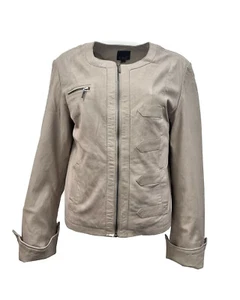 Women's Retro Beige Vintage Rock Retro Collarless Leather Biker Jacket - Bild 1 von 3