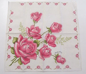 VINTAGE 1950s FLORAL HANDKERCHIEF HAND PAINTED SCALLOPED EDGE BLUE ROSE GREEN  - Picture 1 of 12