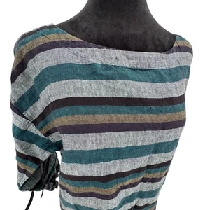 Eileen Fisher Organic Linen Multi Stripe Top Bateau Neck Green Blue Size Small - Picture 1 of 7