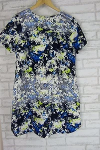 Dunnes womens shift dress 14 blue white green print exposed zip crew neck - Picture 1 of 3