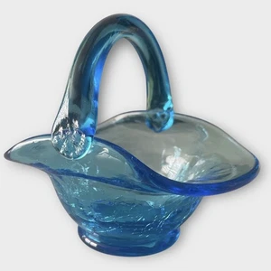 Kanahwa Cobalt Blue Crackle Glass Mini Bridal Basket Trinket Dish Decorative Vtg - Picture 1 of 10