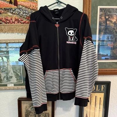 Skelanimals Kit The Cat Striped Hoodie Dead & Cuddly Sweatshirt Black Size XL - Image 1 of 4