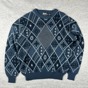 Impact Vintage 90’s Grandpa Sweater Geometric Leather Trim Teal/White Sz XL - Picture 1 of 9