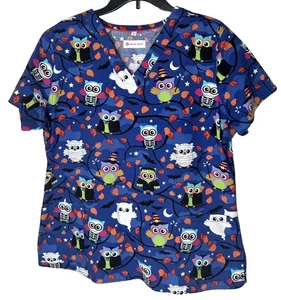 WHITE CROSS Scrub Top Size Large L Halloween Owl Ghost Witch Multi Color - Picture 1 of 5