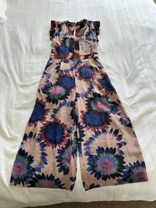 Whistles Pink Blue Floral 100% Silk Crop Wide Leg Jumpsuit Size 8 10 Occasion - Picture 1 of 22
