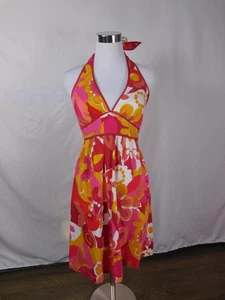 A New Approach Halter Dress Womens Size 4 Pink Yellow Orange Floral Summer Zip - Picture 1 of 10
