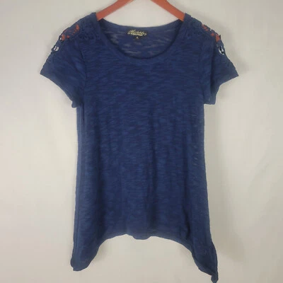 Absolutely Famous Shirt Juniors Medium Blue Top Short Crochet Sleeve Semi Sheer - Image 1 of 4
