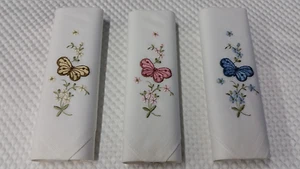 Set of 3 Embroidery Handkerchiefs in 3 assorted Butterfly Floral Colors - Picture 1 of 4
