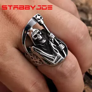 STABBYJOE MENS GRIM REAPER BIKER RING STAINLESS STEEL LARGE HEAVY SIZE 8-15 USA - Picture 1 of 7