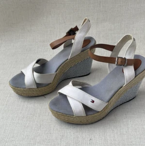 TOMMY HILFIGER UK 7 EU 41 WOMENS WHITE CANVAS PLATFORM WEDGE ESPADRILLE SANDALS - Picture 1 of 23