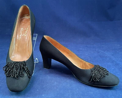 Zapatos de Colección Evins I. Magnin Negro Peau De Soie Seda Con Cuentas Lazo Flecos Borde Foto 1 de 4