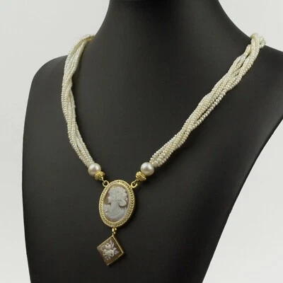 COLLANA IN ARGENTO 925 DORATO CON ZIRCONI PERLE CAMMEO SARDONICO VOLTO AGLN 0227 - Immagine 1 di 4