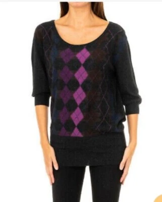 Lacoste} Femme Noir Argyle 图案毛衣女式 EU 32 US 0 灰色 3/4 袖 — 第 1/4 张图片