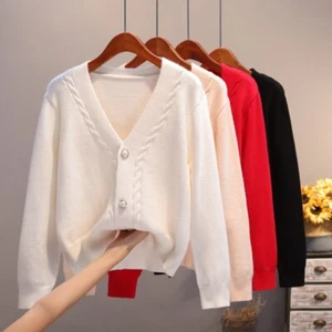 Women Knitted Cardigan Jacket Sweater V Neck Loose Button Knitwear Elegant - Picture 1 of 16