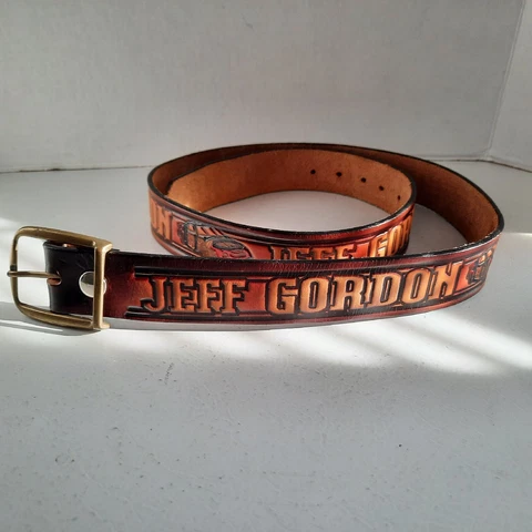 Jeff Gordon Nascar 24 Leather Belt Stamped Design Vintage Tooled Brown Leather Cover