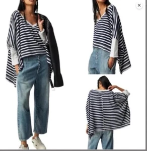 Neu ohne Etikett Free People Main Squeeze Sweatshirt mit V-Ausschnitt Small blau weiß gestreift neu - Bild 1 von 5