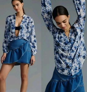 Camicia Anthropologie in tessuto e pietra con scollatura stampa floreale e bottoni! Taglia L - Foto 1 di 6