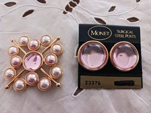 New MONET Pink Earrings With Matching Brooch. GORGEOUS - Picture 1 of 6