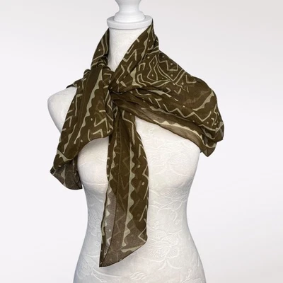 Vintage Batik Square Scarf Khaki Green Sheer Gauze Shawl Wrap 90s - Image 1 of 4