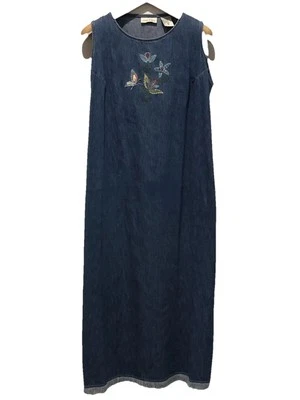 Vintage Studio Ease Denim Maxi Dress 16W Cottage Core Embroidered Sleeveless - Image 1 of 4