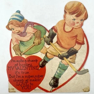 Vintage Eishockey Valentinstag Grußkarte Junge Mädchen Schlittschuhlaufen 40er Jahre Makin Love - Bild 1 von 3