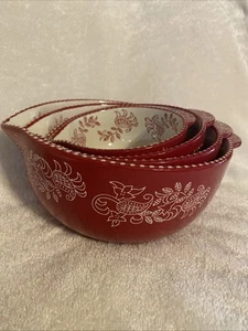 4 Nesting Temptations Red Floral Lace Ceramic Mix & Measuring Bowls W pour Spout - Picture 1 of 10
