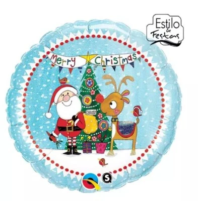 18" Santa and Rudolph Merry Christmas Foil Balloon - Qualatex - Image 1 of 2