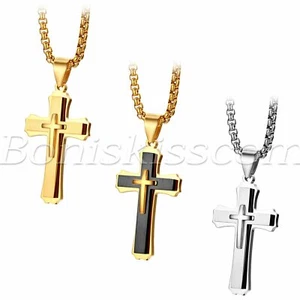 Mens Polish Double-layer Christ Cross Religious Pendant Necklace Wheat Chain 22" - Picture 1 of 19