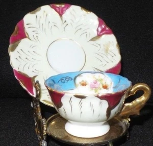 VINTAGE Japanese Demitasse Footed Cup & Saucer Bergundy Blue Beige Gold Gilt - Picture 1 of 6
