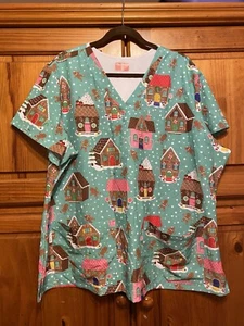 Ava Therese Christmas Holiday Cheerful Gingerbread House Theme Scrub Top 3XL - Picture 1 of 4